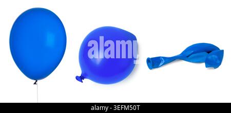 Popped, deflated and inflated blue balloon isolated on white, collage Stock Photo
