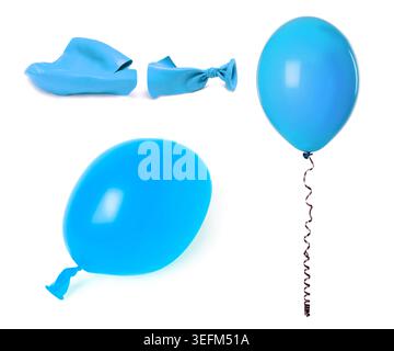 Popped, deflated and inflated light blue balloon isolated on white, collage Stock Photo