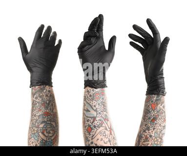 Man showing his tattooed hand on white background, set Stock Photo