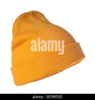 Knitted hat in orange color isolated on white Stock Photo