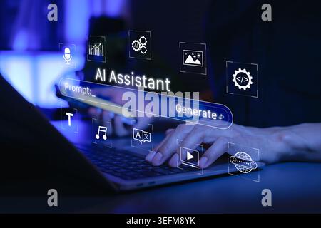 AI assistant prompt interface and generative workflow automation concept. Person using laptop with generate button, text, audio, image, video, Stock Photo