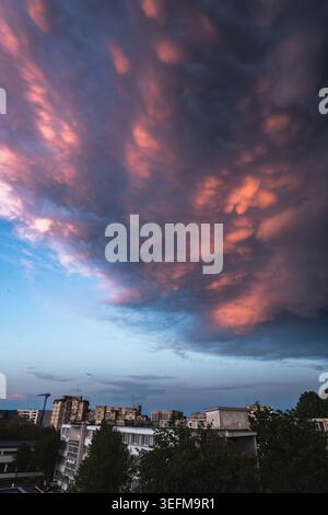 Dramatic mammatus clouds glowing pink and orange at dusk spread over a residential urban skyline with apartment buildings and trees in the foreground Stock Photo