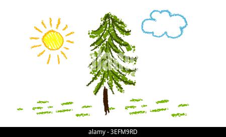 Children's drawing of a Christmas tree and the sun . Hand drawn. Not AI, vector illustration. Stock Vector