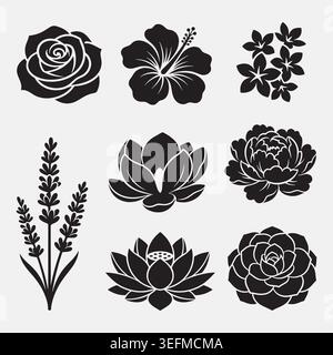 Floral set of vector flowers in grayscale botanical illustration Stock Vector