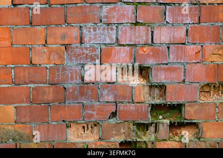 Old wrecked brick wall texture for the background. Roughly laid brick wall made of old cracked bricks Stock Photo