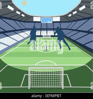 Soccer Player Kicking Ball in football field, soccer ball on green striped background representing sports match concept graphic design poster template Stock Vector