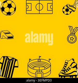 Football tournament posters in flat line art sport frame with featuring medal, whistle, soccer ball, jersey, stadium for World Football Cup promotion Stock Vector
