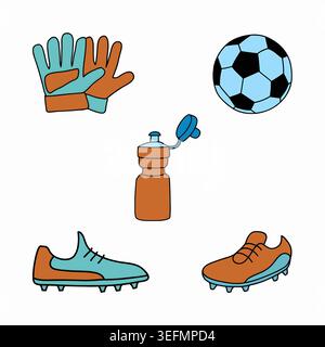 Soccer sport icon set in colors flat vector style. Set of sports equipment icons including football, cleats, gloves, fitness gear on white background Stock Vector