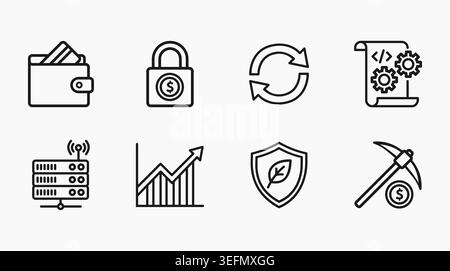 A set of outline icons representing cryptocurrency, blockchain technology, digital finance, mining, smart contracts, and secure transactions. Stock Vector