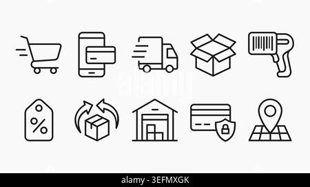 Outline icons set for e-commerce, online shopping, delivery truck, logistics, warehouse, mobile payment, and package tracking. Stock Vector