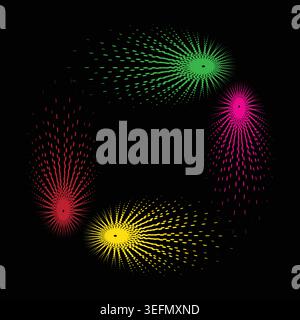 Vibrant multicolored burst pattern on with red, green, pink, and yellow Stock Vector