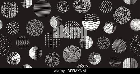 Hand drawn round shapes abstract background seamless pattern. Doodle spots, drops brush strokes crayon curves lines scribble circle colored trendy boundless background. Endless modern design for print Stock Vector