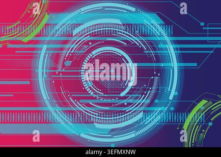 Vibrant digital illustration with blue circles on pink and purple gradient background Stock Vector