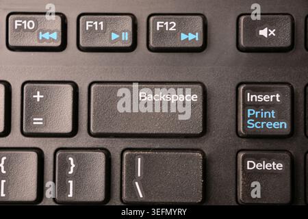 Black Computer Keyboard Macro Shot Highlighting Backspace Key with Soft Blurred Backgrounds Top View Stock Photo