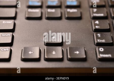 Black Computer Keyboard Macro Shot Highlighting Arrow Keys Section with Angled Top View and Soft Blurred Backgrounds Stock Photo