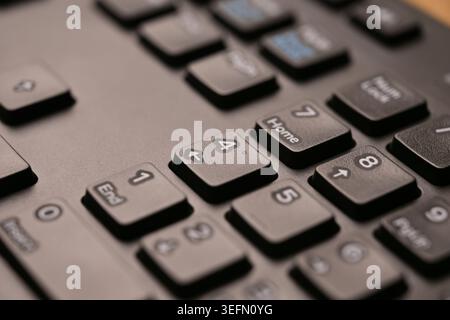 Black Computer Keyboard Macro Shot Highlighting Num Lock Area 4 Key on Numeric Keypad with Soft Blurred Backgrounds Angled Top View Stock Photo