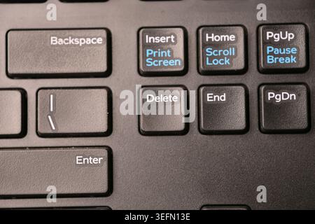 Black Computer Keyboard Top View Macro Shot with Delete Key Focus and Blurred Backgrounds Stock Photo