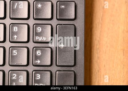 Black Computer Keyboard Macro Shot Highlighting Numeric Keypad Plus Key Top View with Soft Blurred Backgrounds Stock Photo