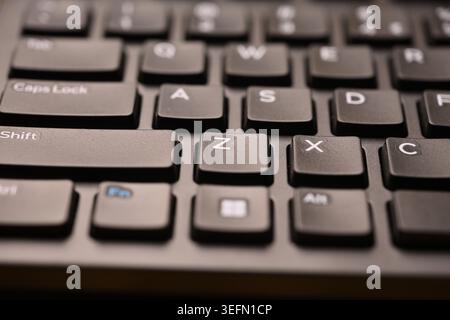 Black Computer Keyboard Macro Shot Highlighting Z Key with Soft Blurred Backgrounds Angled Top View Stock Photo