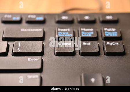 Black Computer Keyboard Macro Shot Highlighting Delete Key with Angled Top View and Soft Blurred Backgrounds Stock Photo