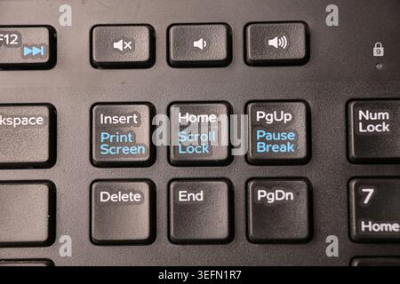 Black Computer Keyboard Macro Shot Featuring Home and Scroll Lock Keys with Blurred Backgrounds Top View Stock Photo