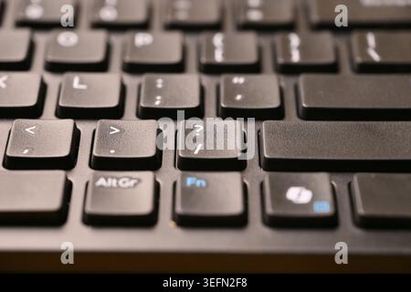 Black Computer Keyboard Macro Shot Highlighting Slash and Question Mark Key with Soft Blurred Backgrounds Angled Top View Stock Photo