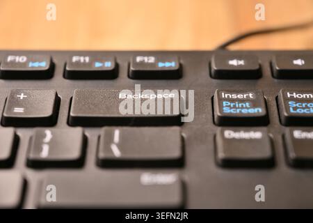Minimal Black Keyboard Macro Detail Featuring Highlighted Backspace Key in Soft Focus Angled Top View Compositions Stock Photo