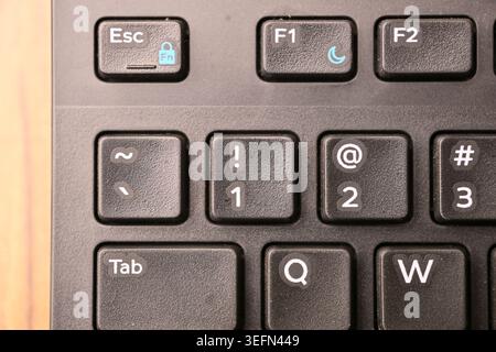 Black Computer Keyboard Macro Shot Highlighting 1 and Exclamation Mark Key with Soft Blurred Backgrounds Top View Stock Photo