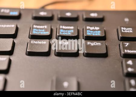 Minimal Black Keyboard Macro Compositions Highlighting End Key in Soft Focus Angled Top View Stock Photo