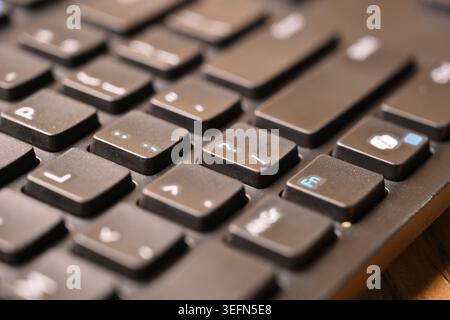 Black Computer Keyboard Macro Shot Highlighting Question Mark and Slash Key with Soft Blurred Backgrounds Angled Top View Stock Photo