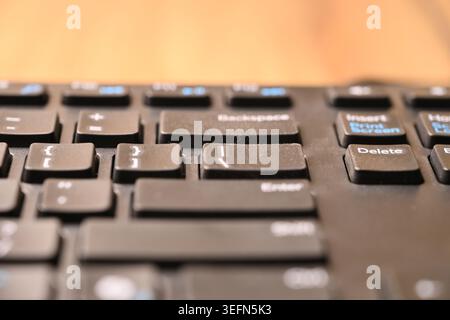 Modern Minimal Keyboard Macro Shot Featuring Backslash and Vertical Bar Keys in Cinematic Soft Focus Angled Top Views Stock Photo