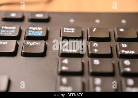 Minimal Black Keyboard Macro Compositions Highlighting 7 and Home Keys on Numeric Keypad in Soft Focus Angled Top View Stock Photo