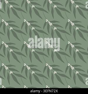 Bloom olive sprigs with small flowers Seamless Pattern Minimalistic Flat design Botanical Background. Vector illustration Print Textile Wrapping or Wallpaper design idea Promo banner media post, label Stock Vector