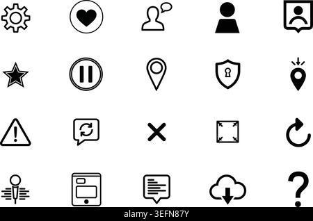 Professional vector icon collection for user profiles settings interaction messaging security and navigation featuring heart favorites location pins p Stock Vector