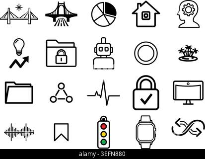 Outline vector icon set featuring architecture transport signals health monitoring data storage and smart home technology for modern utility services. Stock Vector
