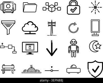This collection features various outlined icons representing concepts such as data transfer, security, cloud computing, and smart devices, perfect for Stock Vector