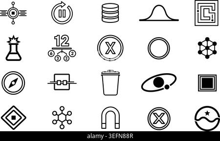 Collection of black and white vector outline icons representing physics concepts chemistry equipment data storage and mathematics. Professional design Stock Vector