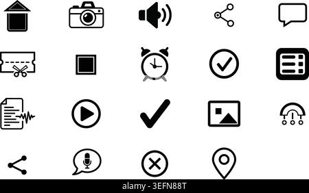 A curated set of essential UI icons featuring home buttons camera capture volume controls share links chat bubbles document management alarm clocks ve Stock Vector