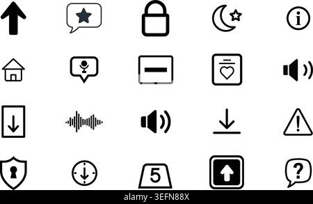 Comprehensive set of outlined icons including navigation arrows, status indicators, security symbols, and media controls, suitable for web interfaces, Stock Vector