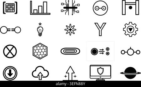 Set of minimalist black line symbols representing cloud computing data transfer hardware components and communication systems. Perfect for software de Stock Vector