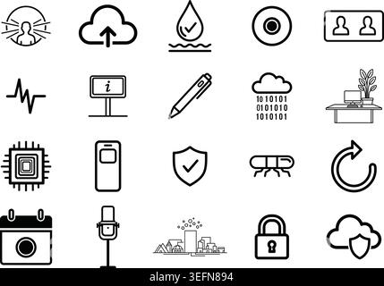 Collection of thin line vector icons representing cloud computing artificial intelligence data security manufacturing and internet of things symbols i Stock Vector