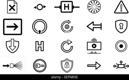 Collection of minimalist vector icons like delete file, data flow, safety shields, and various arrows, ideal for user interfaces and general digital a Stock Vector