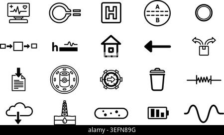 Diverse set of line art icons including a heartbeat monitor, data processing flow, a home symbol, and a trash can, suitable for medical, digital, and Stock Vector