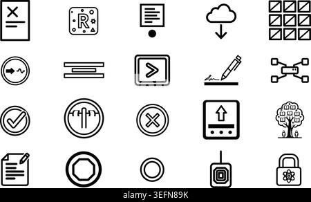 Professional vector symbols for file processing electronic signatures cloud storage and organizational trees. Clean outline icons suitable for corpora Stock Vector