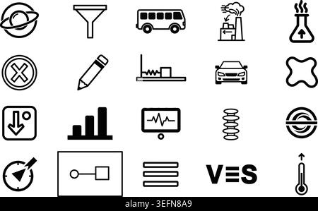 Collection of various line art web icons covering themes like transportation technology science research analytics media tools communication settings Stock Vector