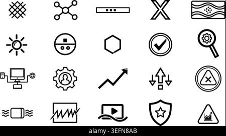 Collection of various line icons including patterns, connections, sun, security, and data flow, suitable for web and app design, representing modern d Stock Vector
