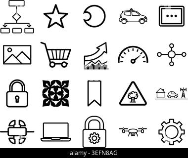 Set of black linear icons for software development engineering robotics and home automation concepts including laptop mobile operating system and indu Stock Vector