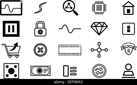 Variety of line art icons such as a heart rate monitor, data storage, a microchip, and financial symbols, designed for digital projects, illustrating Stock Vector