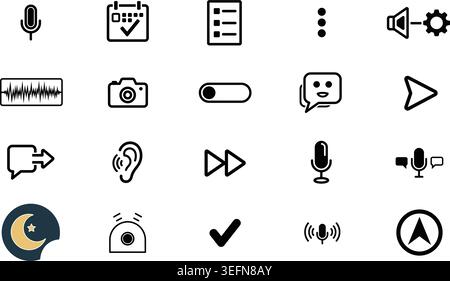 Diverse set of glyph icons for user interfaces including microphone settings audio waves camera functions messaging bubbles connectivity icons repeat Stock Vector