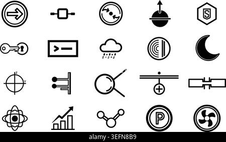 Collection of flat design icons including technology symbols, science elements, business graphics and abstract shapes. Modern vector illustrations. Stock Vector